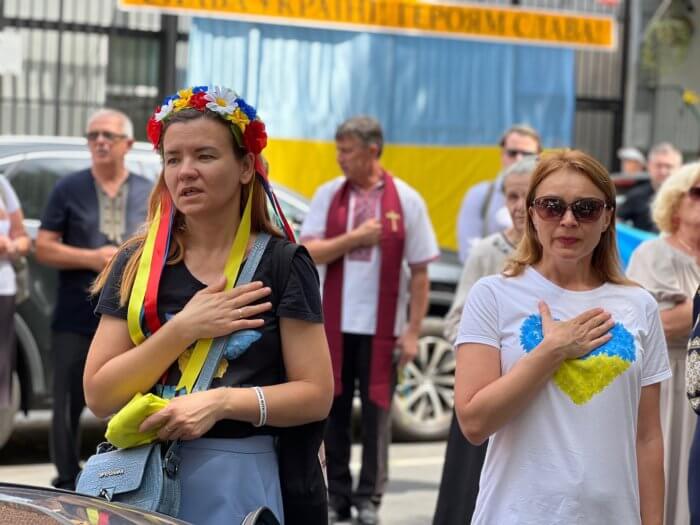 Marchers wore the colors of the Ukrainian flag and Lithuanian flower crowns.
