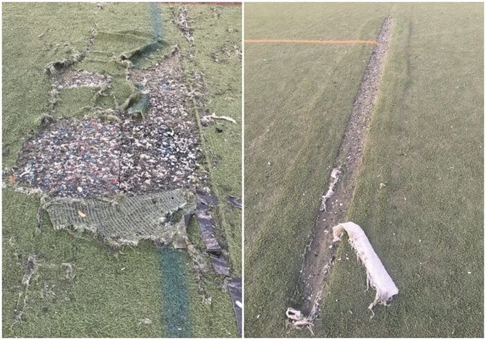 old ripped turf at bushwick inlet park