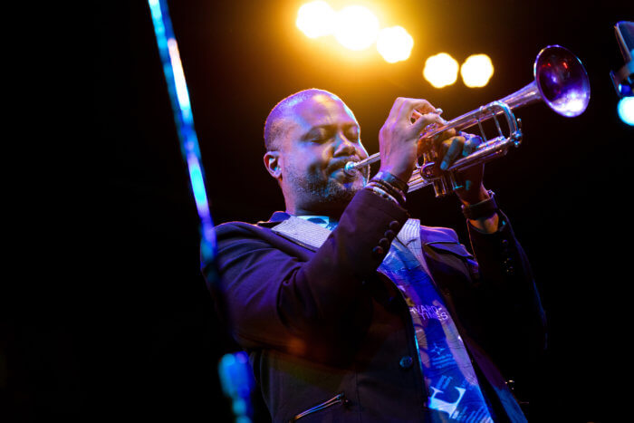 man playing trumpet at jazzfest