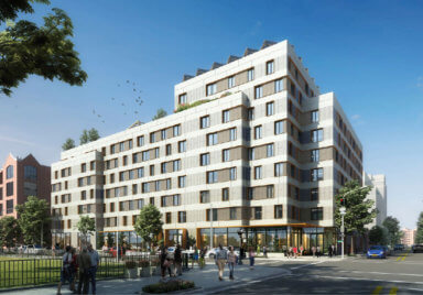 rendering of broadway triangle affordable housing building