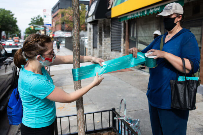 people wrap a tree in teal ribbon for ovarian cancer awareness