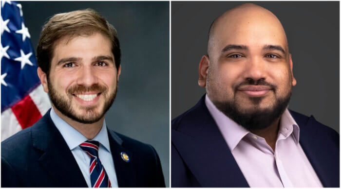 headshots of andrew gounardes and brian fox in front of grey backgrounds
