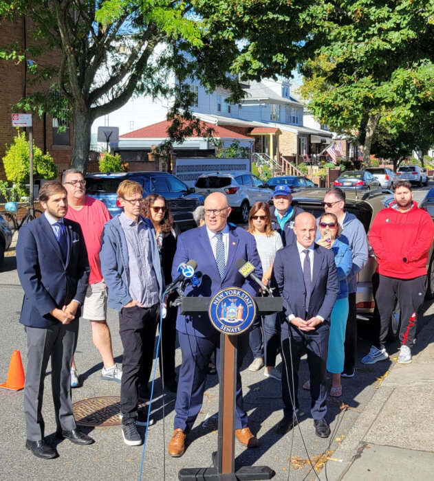 State Senator Andrew Gounardes, Councilmember Justin Brannan, Community Board 10 District Manager Josephine Beckmann, and former Congressman Max Rose call for DEP to finish sewer pipe repairs that began over 20 years ago.