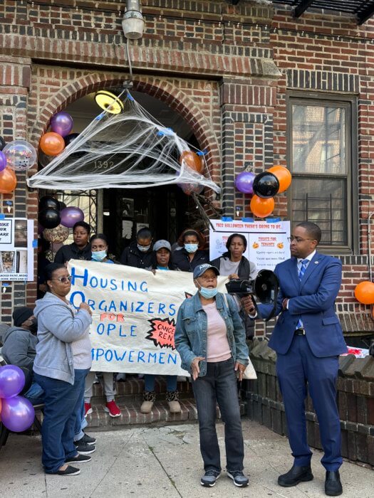 people rally at apartment building on sterling place crown heights
