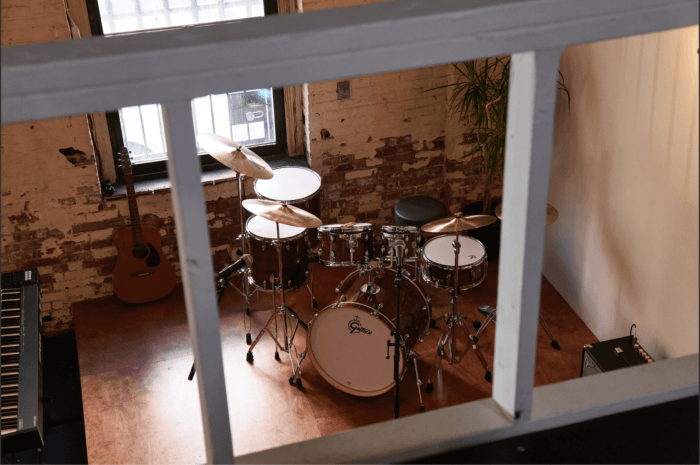 drumset and performance space at tower labs