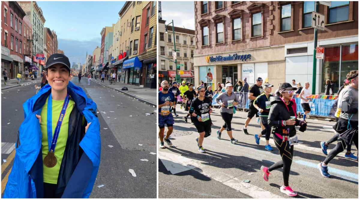jessica allen in blue blanket with marathon runners on right