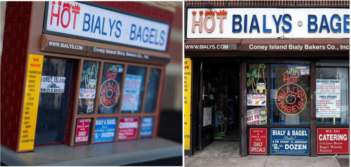 model of bialy shop and real bialy shop side by side