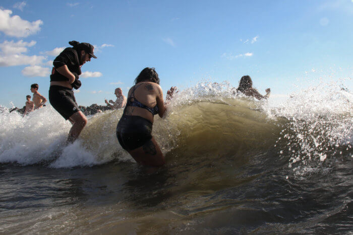 swimmers face wave at polar plunge