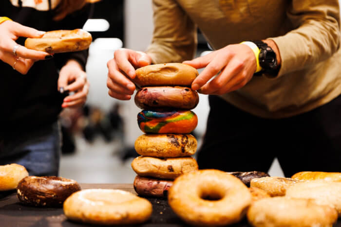 people stacking bagels at bagelfest