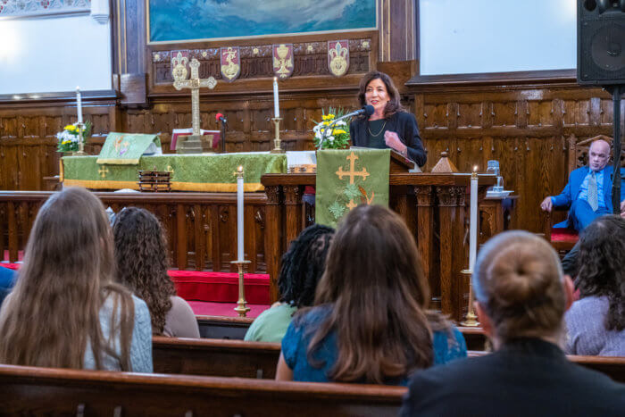 hochul speaking at sunset park church about lasalle