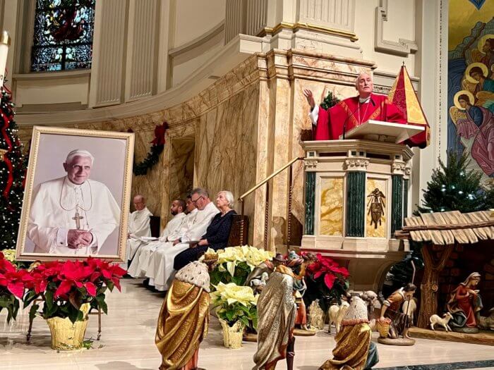 Requiem Mass in honor of the late Pope Benedict XVI on Jan. 5, Auxiliary Bishop Neil Tiedemann served as the main celebrant with about 20 diocese priests con-celebrating.