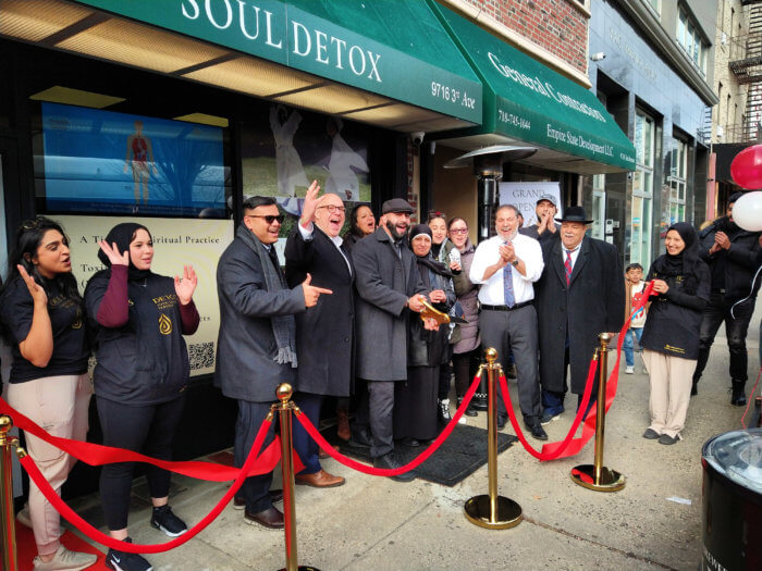 people at opening of new business, soul detox, in bay ridge