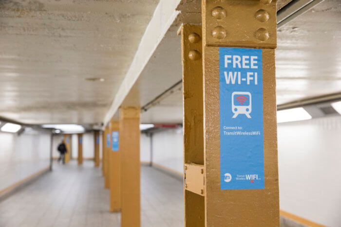 free Wi-Fi sign on MTA subway platform