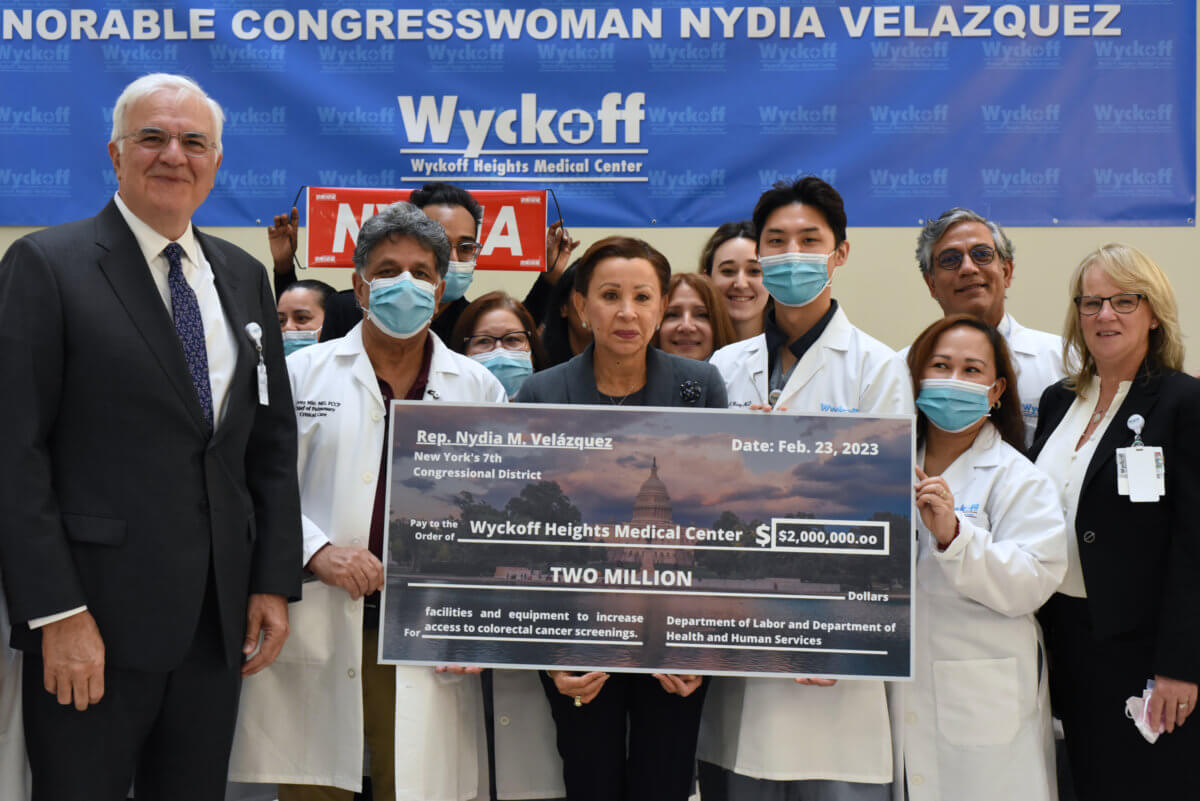 Congress Member Nydia Velazquez, left, speaks during a check presentation to fund the construction of a gastroenterological procedures space at Wyckoff Heights Medical Center on Thursday.