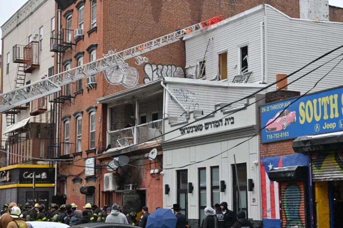 FDNY personnel work to stop the fire in Williamsburg. 