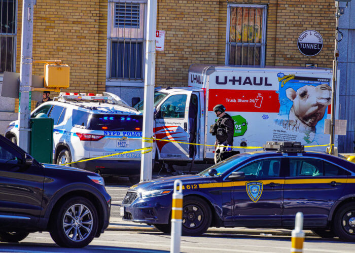 u-haul on sidewalk in bay ridge