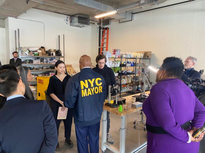 NYC Mayor Eric Adams stops into Brooklyn Navy Yard, the location for a $20 million dollar scientific incubator.