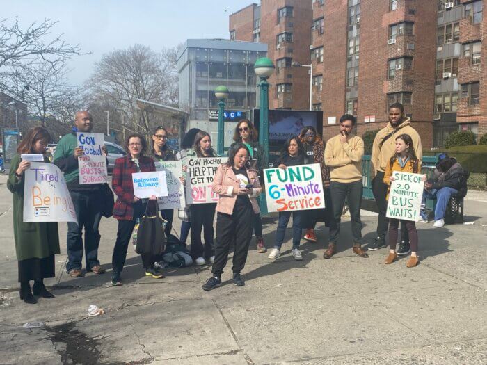 A grassroots public transportation advocacy organization rallied outside popular Bedford–Stuyvesant subway station for better transit service.