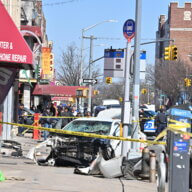 One car involved in the crash ended up totaled on the sidewalk near a bus stop in Bensonhurst.