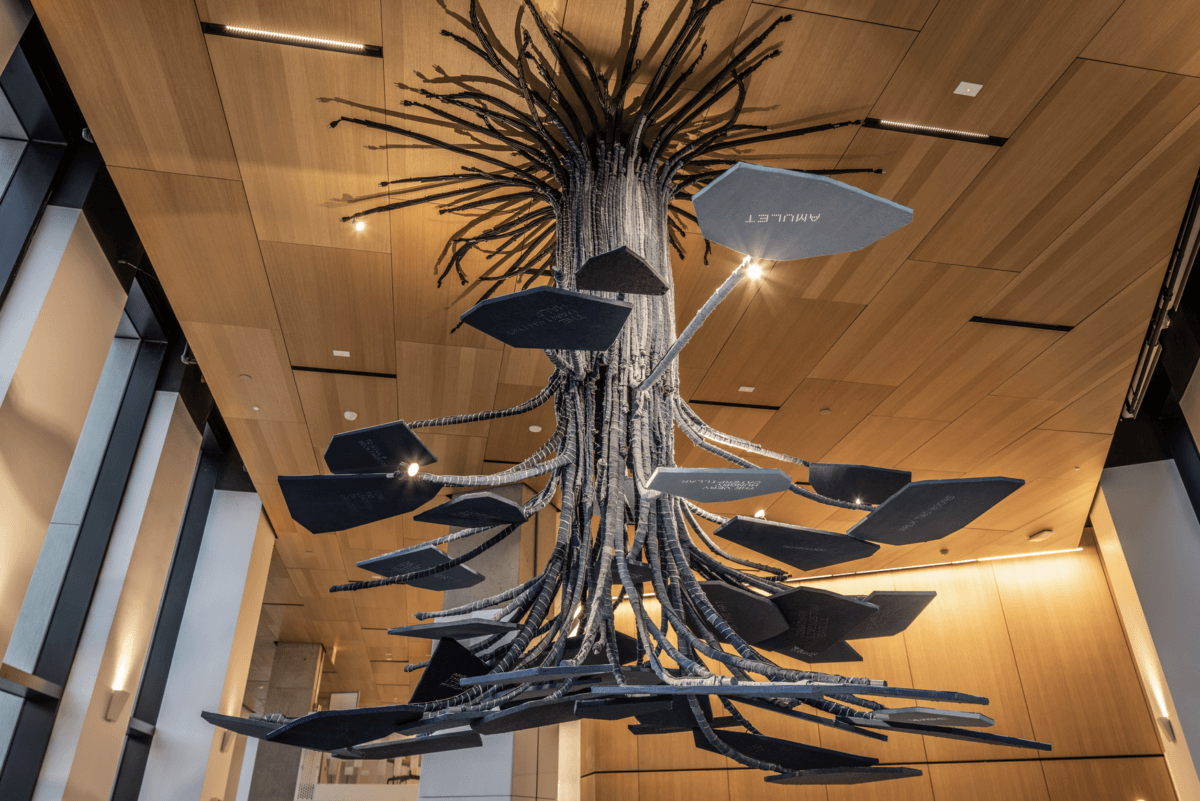 Hanging tree sculpture by Jean Shin at the Brooklyn Public Library's Brooklyn Heights location.