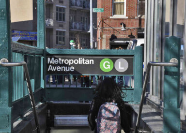The Metropolitan/Lorimer Street subway station entrance.