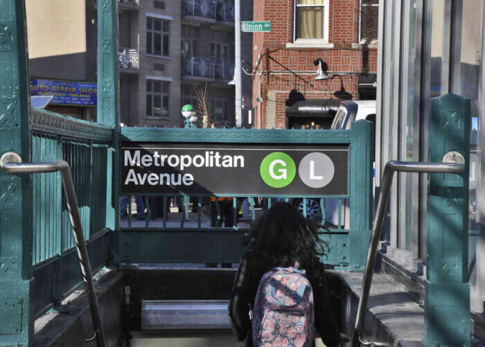 The Metropolitan/Lorimer Street subway station entrance.
