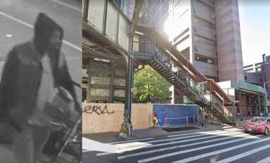 The creep (left) attacked the woman at Flushing Avenue subway station (right).