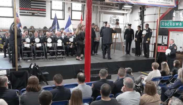 A screengrab of the plaque dedication ceremony to honor Firefighter Timothy P. Klein