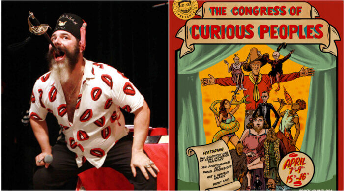sword swallower and poster for congress of curious peoples at coney island