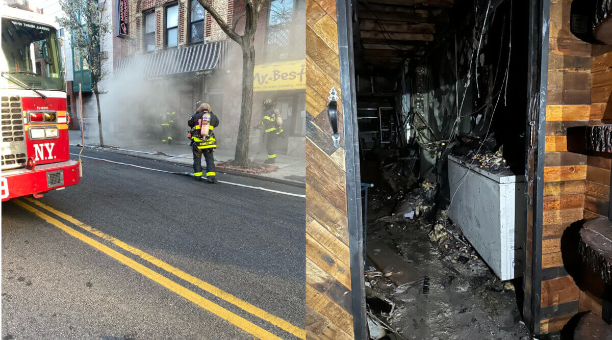Fire fighters battle the blaze inside Pier 69 Market (left) that broke out Easter Sunday, causing significant damage to the kitchen (right).
