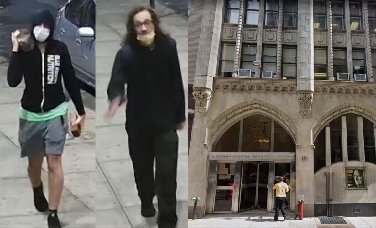 The suspects (left) tossed a brick through the window of the Catholic Charities of Brooklyn building (right) on Joralemon Street.