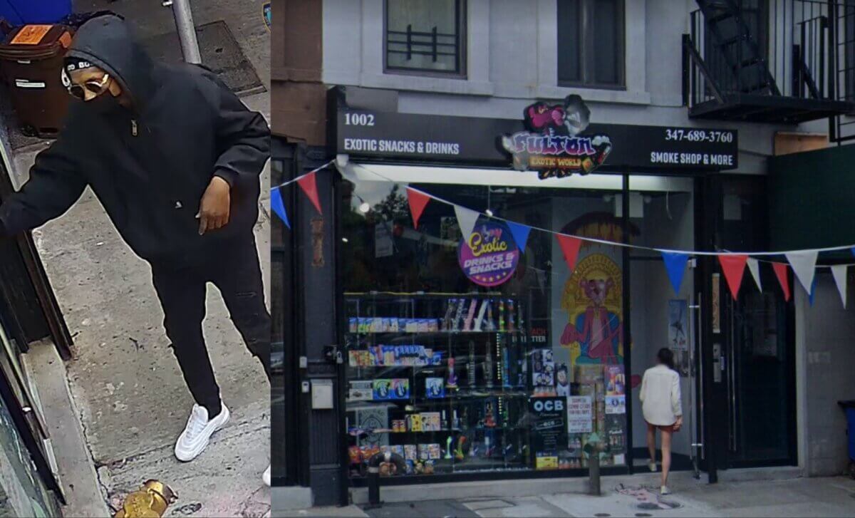 A gunman (left) robbed Fulton Exotic World smoke shop at 1002 Fulton St. in Prospect Heights.