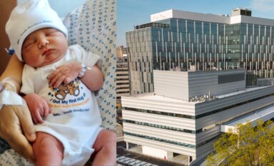 Kamronbek Aslamov (left) became the first baby born at South Brooklyn Health’s Ruth Bader Ginsburg Hospital (right).
