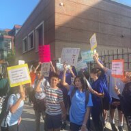 Parents rallied in Williamsburg against the housing of migrants at the P.S. 17 and M.S. 577 school building gym.