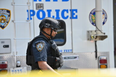Dozens of NYPD officials were on the scene in Brownsville on Thursday afternoon.