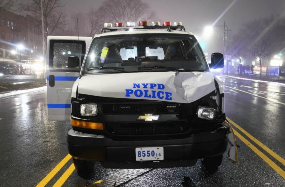 The van that NYPD Officer Orkhan Mamedov was driving after he struck and killed Ronald Anthony Smith in 2022.