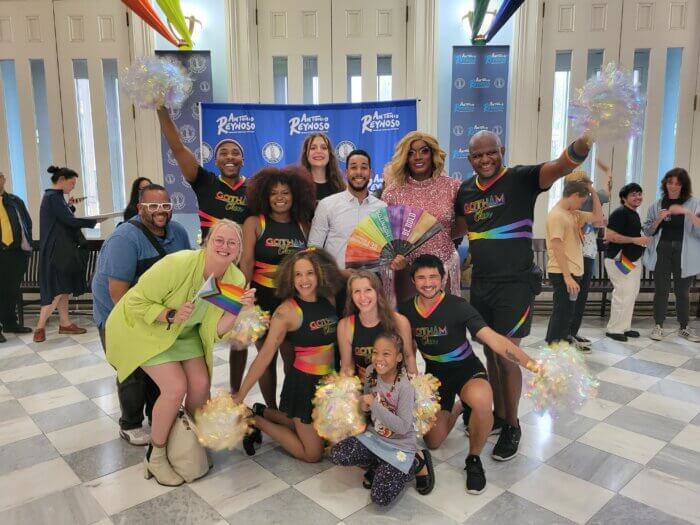 Brooklyn Borough President Antonio Reynoso with members of Gotham Cheer.