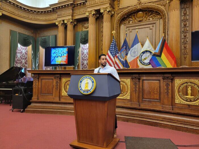 Brooklyn Borough President Antonio Reynoso speaking at Pride Month celebration.