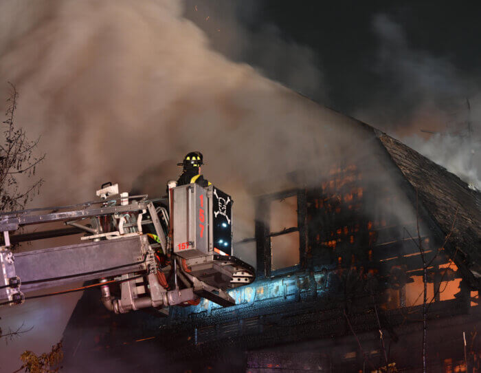 FDNY members battle the blaze in Midwood.