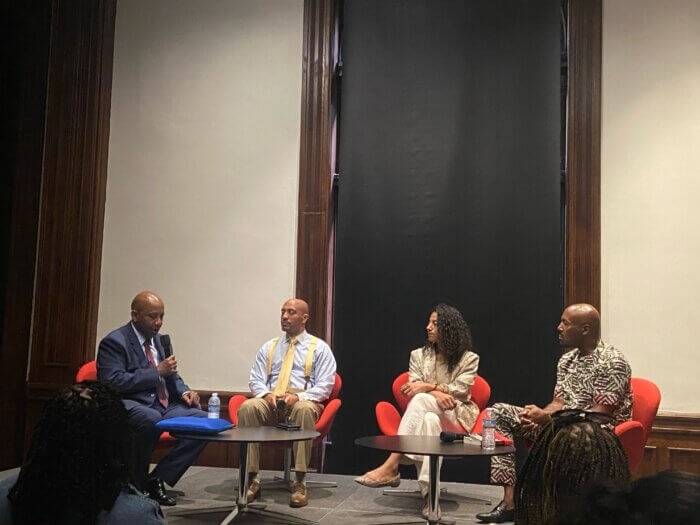 Panelists (L-R) Errol Louis, Hasan Kwame Jeffries, Elizabeth Hinton and Paul Butler speak at the Center for Brooklyn History at an event remembering Arthur Miller who was killed by NYPD officers 45 years ago.