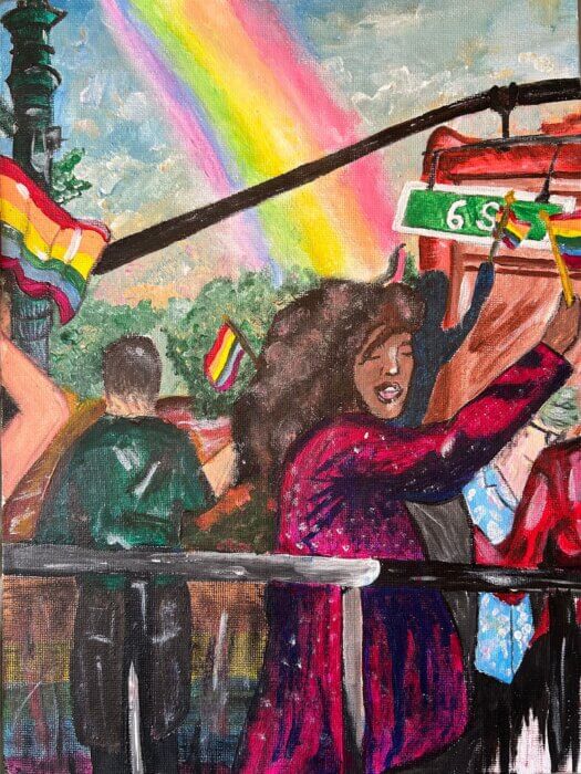 Painting of a rainbow over Brooklyn by Autumn Hart.