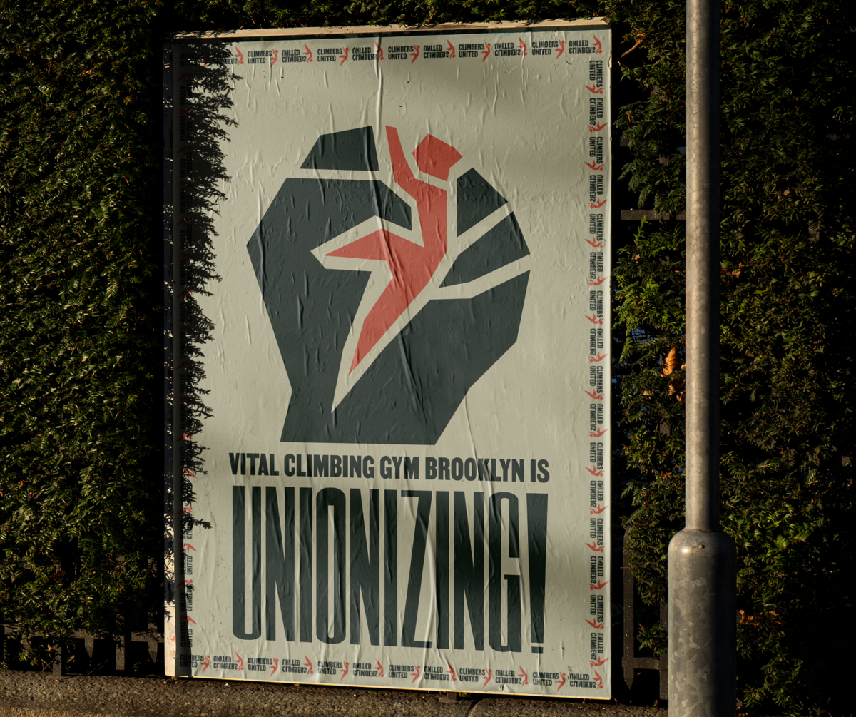 Climbers United Union posted outside of Vital Climbing Gym in Williamsburg.
