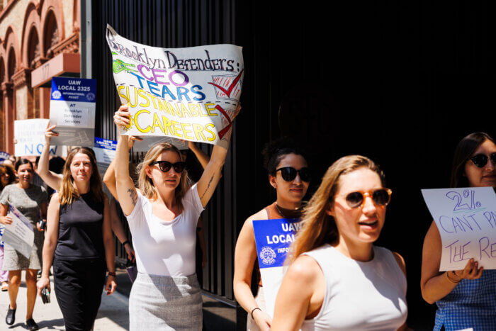 Brooklyn Defender Services Union members picket outside their Downtown Brooklyn office on Wednesday, July 26, 2023. The public defenders picketed for movement toward a fair contract.
