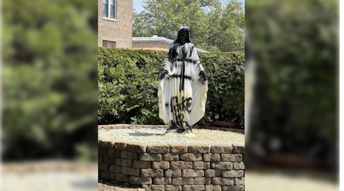 vandalized mary statue