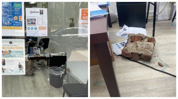 The cluster of bricks landed in the office waiting room but no one was injured during the incident