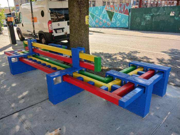 The colorful bench sits at the corner of Newkirk Avenue and Marlborough Road in Ditmas Park.