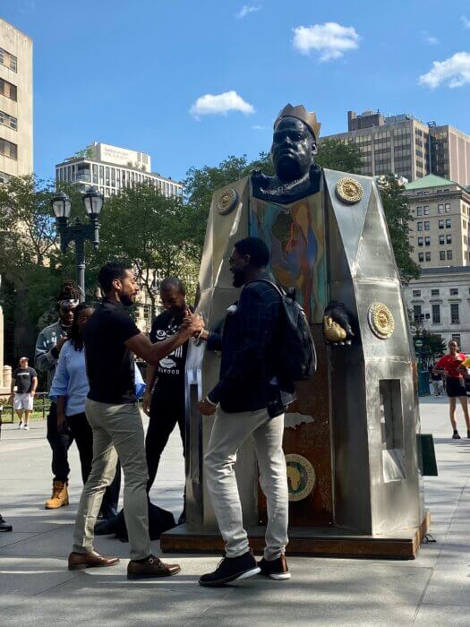 Borough President Reynoso and Public Advocate Jumaane Williams in front of the Biggie Smalls interactive statue in Downtown Brooklyn.