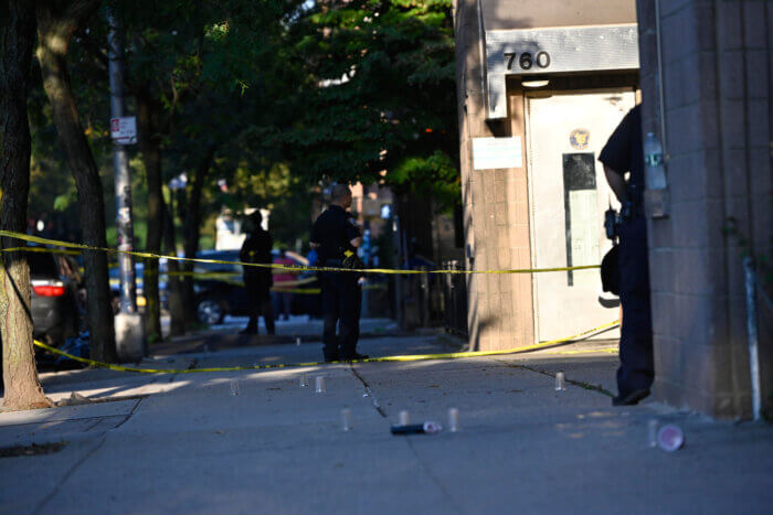 NYPD officers at the scene of a double shooting in Bed-Stuy.