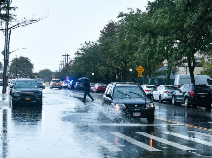 car driving through flood in southern Brooklyn