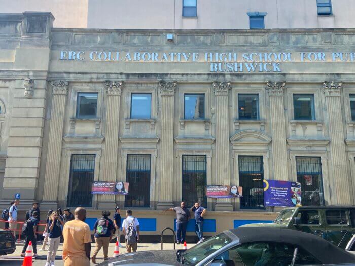 Students and parents outside of EBC High School for Public Service in Brooklyn after the first day of school.